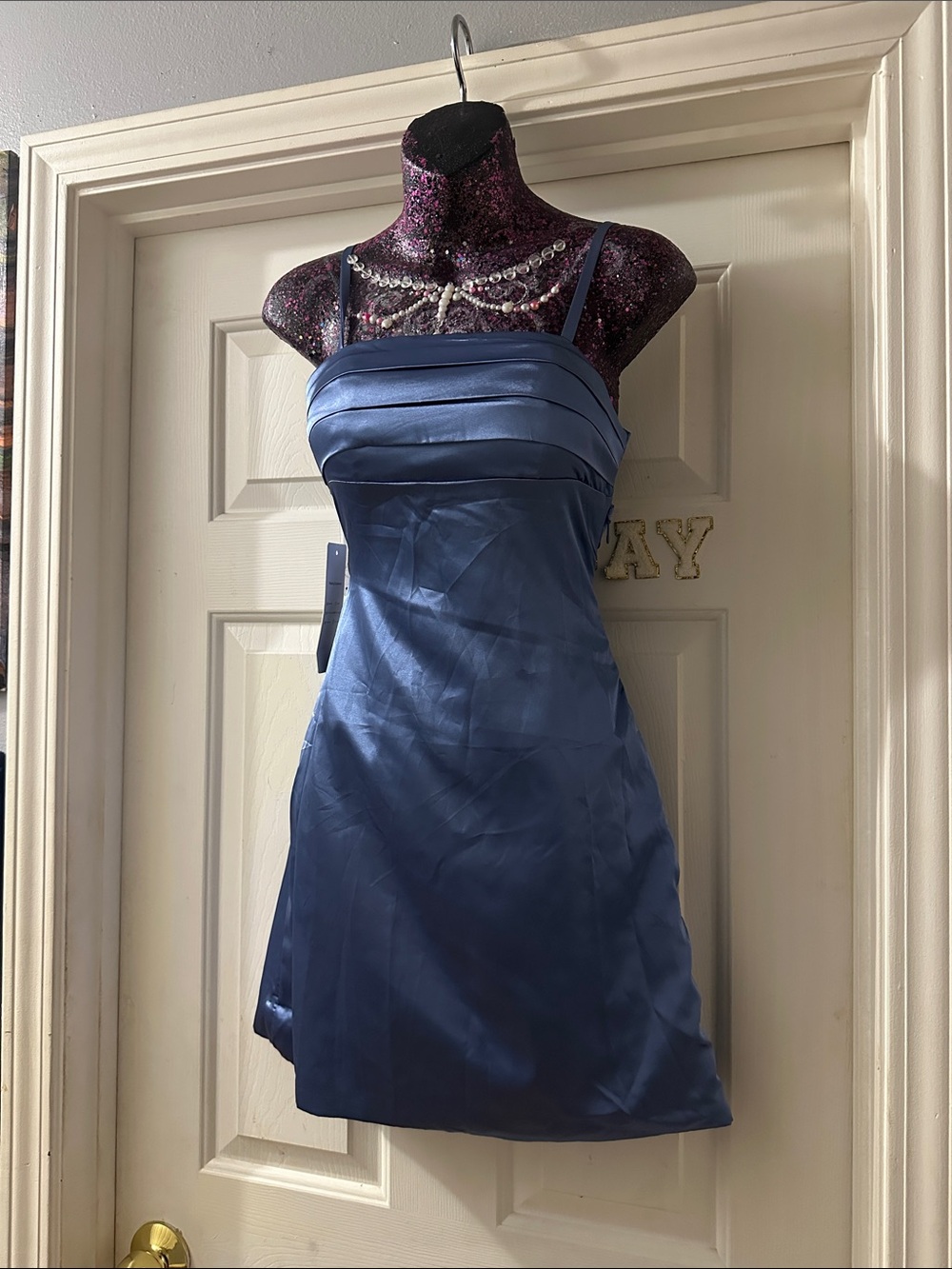 Strapless-Look Navy Satin Mini Dress with Spaghetti Straps